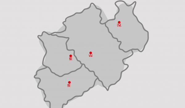 NRW-Karte mit den Bezirksjugendwerken